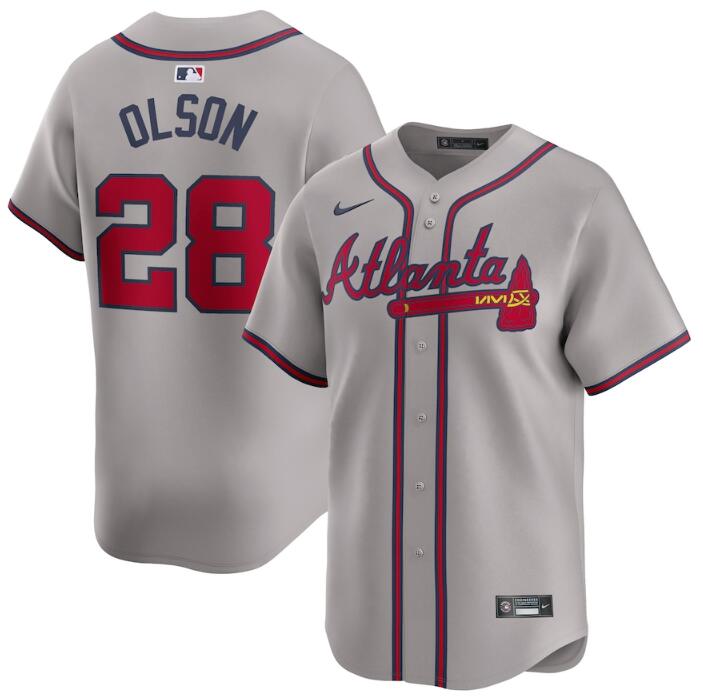 Women's Atlanta Braves #28 Matt Olson Grey 2024 Away Limited Stitched Jersey(Run Small)